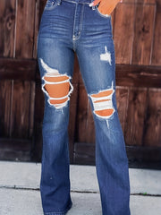 Ripped Holes Flare Jeans Mid Stretch Distressed Whiskered Bell Bottom Jeans