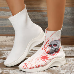 Women's Skull & Blood Graphic Boots Halloween Knitted Slip On Sock Shoes