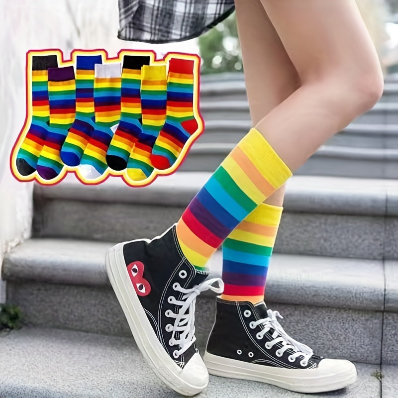 7 Pairs Rainbow Striped Socks Mid Tube Women's Stockings