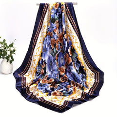 Vintage Satin Flower Print Square Scarf Large Shawl