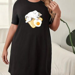 Cat Print Lounge Dress Short Sleeve Nightdress