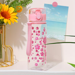 500ml Pink Flower Pattern Water Bottle Plastic Water Cup Portable Leakproof