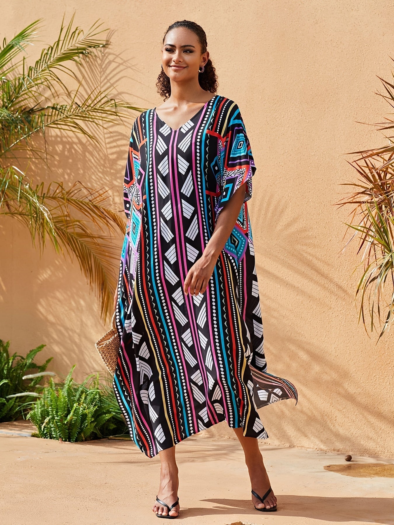 Boho Kaftan Dress Women's Plus Geo Print V Neck Maxi Beach Dress