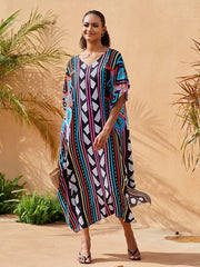 Boho Kaftan Dress Women's Plus Geo Print V Neck Maxi Beach Dress