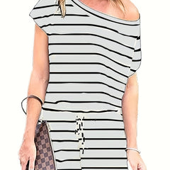 Striped Print Slanted Shoulder Romper Casual Drawstring Short Sleeve Romper
