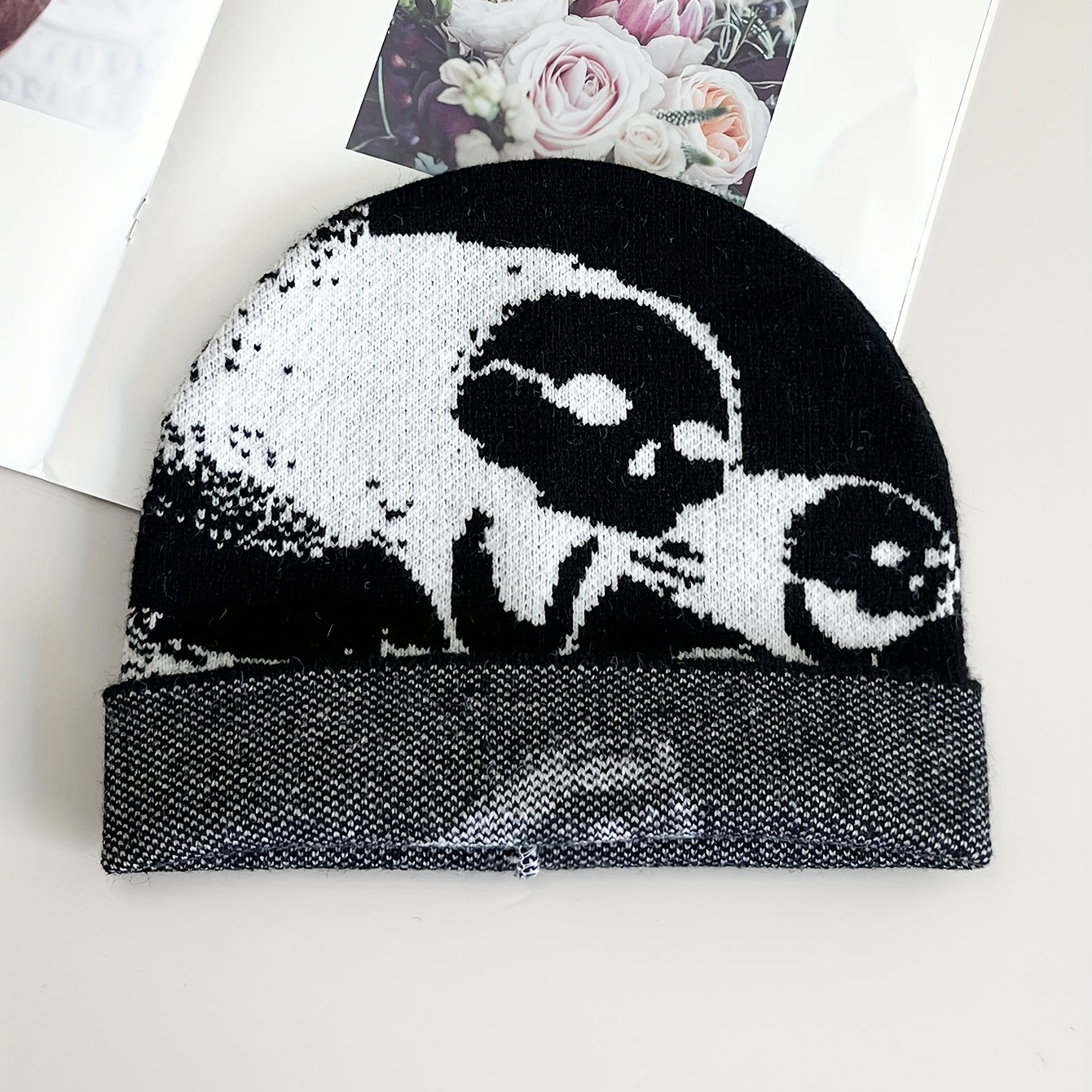 Skull Impact Jacquard Beanie Lightweight Elastic Soft Breathable Knit Hat