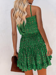 Leopard Print Ruffle Trim Cami Dress Casual V neck Spaghetti Strap Dress