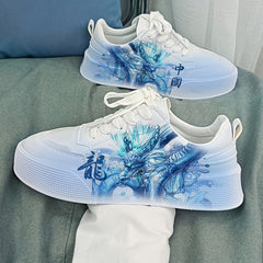 Men's Dragon Print Platform Sneakers Lace-up Skate Shoes