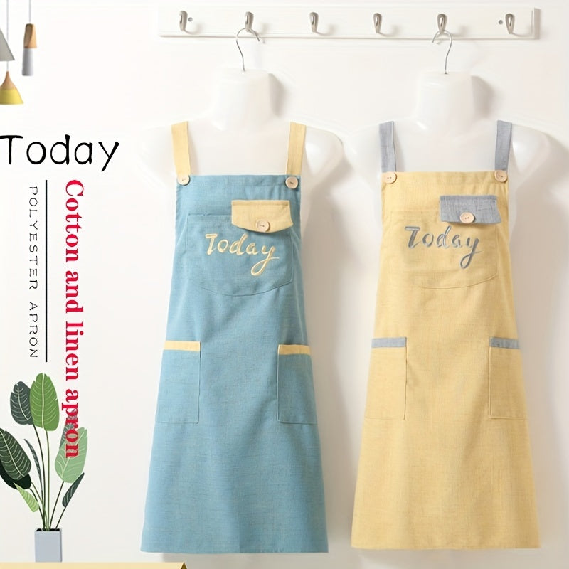 1pc Linen Kitchen Apron Waterproof And Fashionable Cooking Workwear