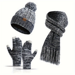 Winter Knitted Hat Scarf Set Velvet Lining Warm Beanies Pom Touch Screen Gloves