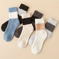 6 Pairs Colorblock Fuzzy Socks - Warm Mid Tube Stockings