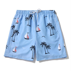 Men's Casual Cerulean Sports Shorts with Tropical Print for Holiday Party