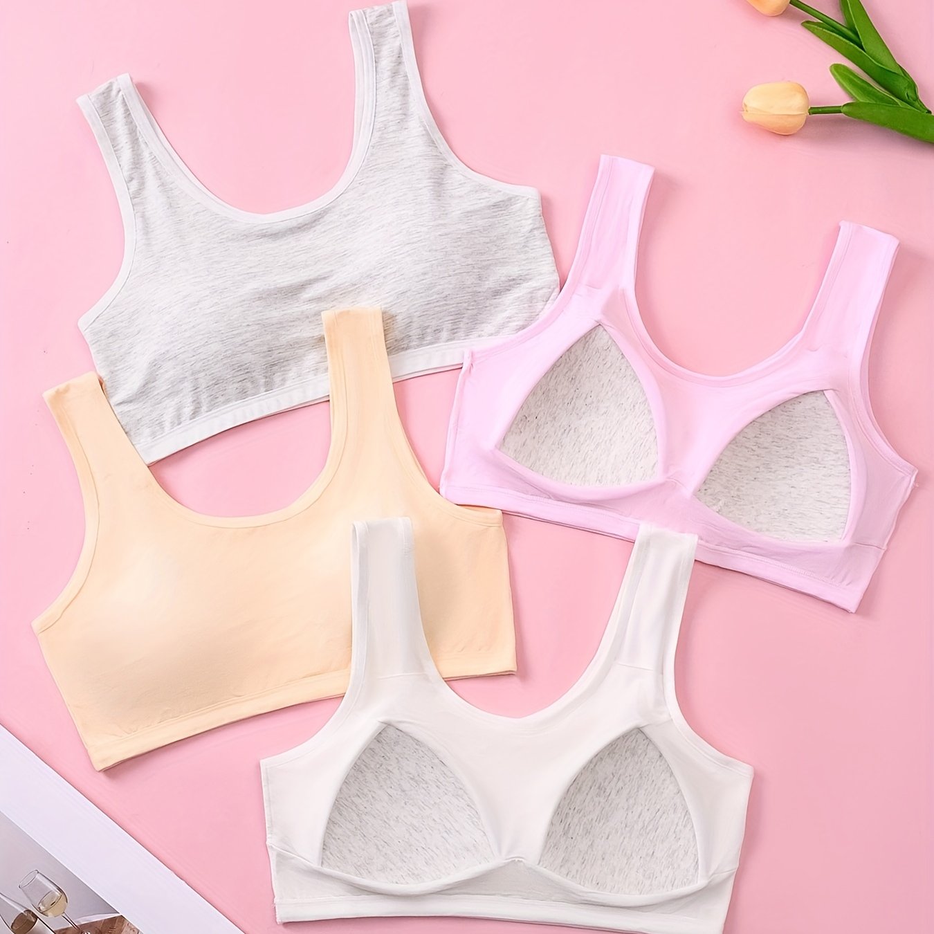 4pcs Girls Bras Soft Comfy Tank Top Without Steel Ring Wide Strap