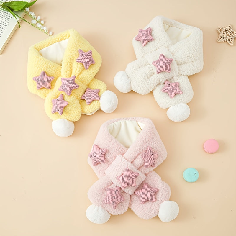 Girls Star Fleece Thermal Scarf with Plush Ball for Winter