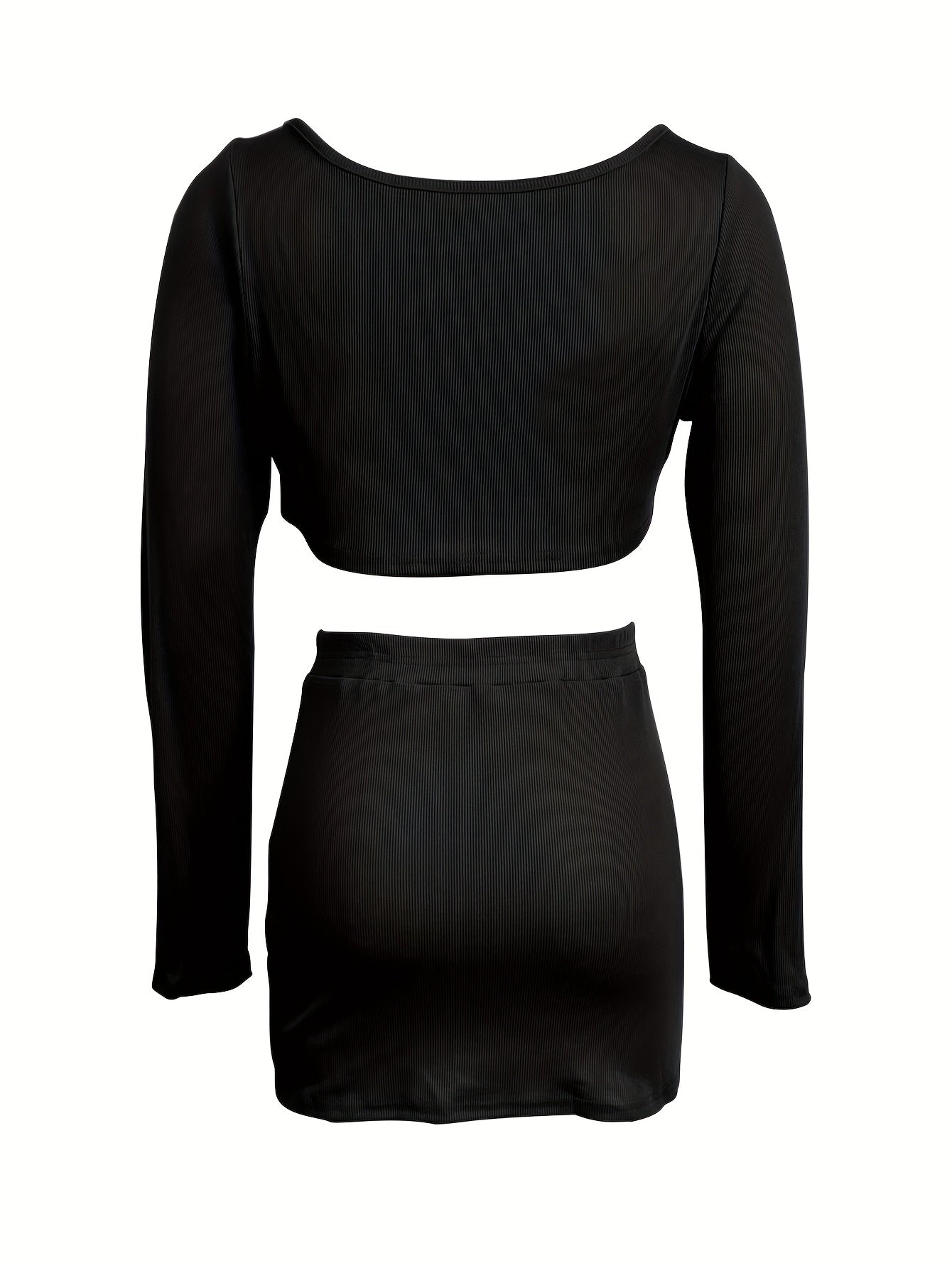 Solid Sexy Two piece Set Long Sleeve Cropped Tops & Split Bag Hip Skirts Outfit