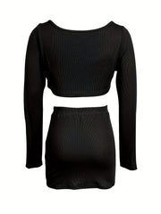 Solid Sexy Two piece Set Long Sleeve Cropped Tops & Split Bag Hip Skirts Outfit