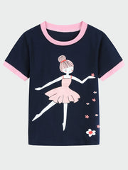 2pcs Toddler Girls Cotton Pajamas Set with Ballerina Graphic Tee & Floral Shorts