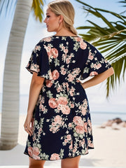 Floral Print Dress Flutter Sleeve Stretchy Casual D