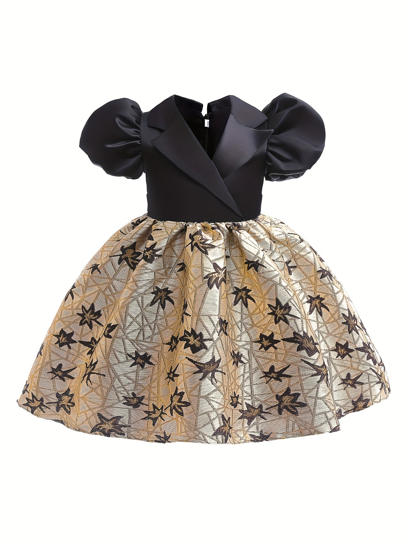 Girls Vintage Jacquard Puff Sleeve Dress