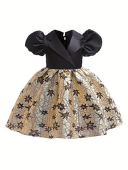 Girls Vintage Jacquard Puff Sleeve Dress