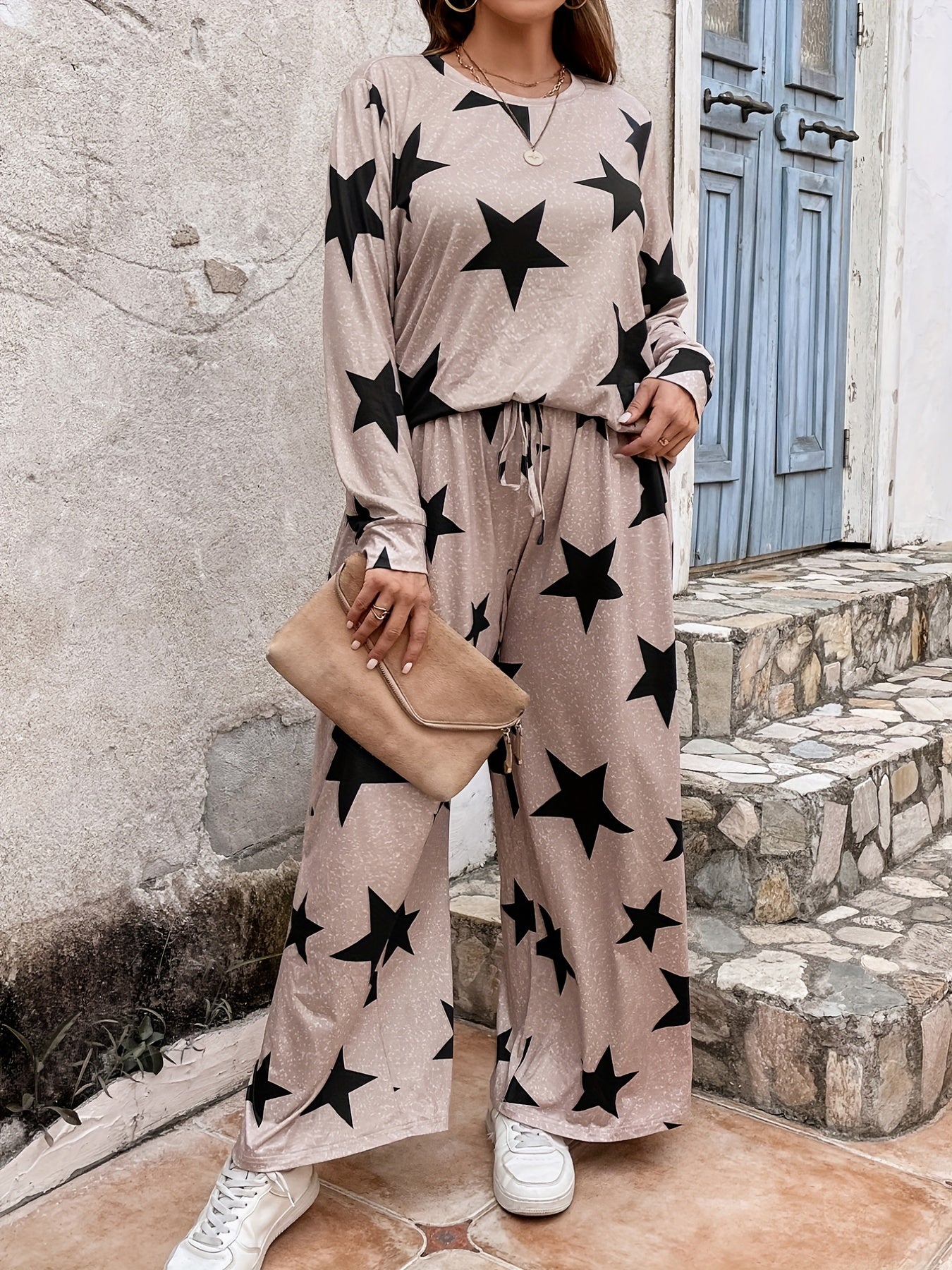Star Print Top & Wide Leg Pants Set