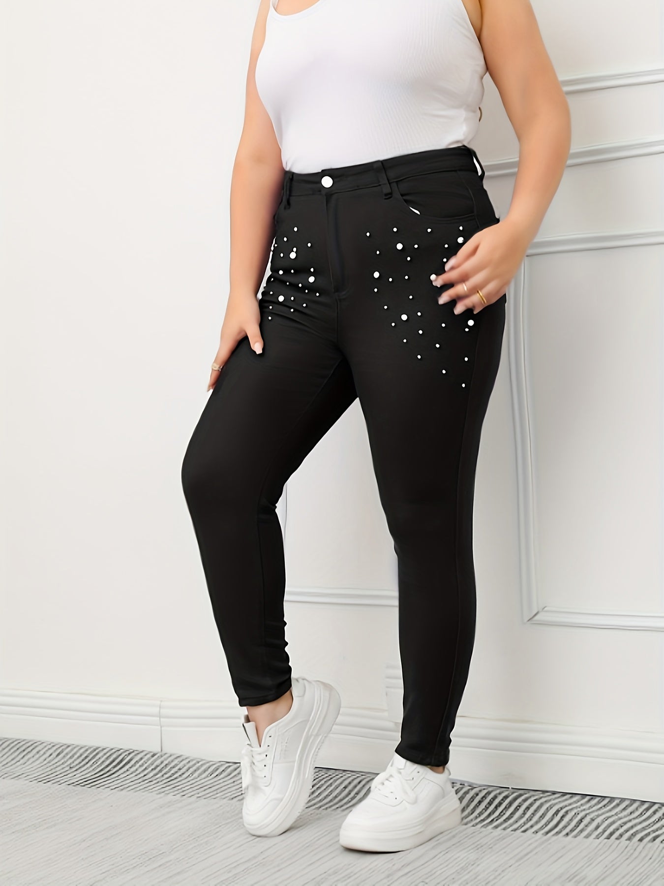 Women's Plus Pearl Button Slim Fit Denim Pants