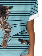 Kids Striped Kitty Graphic T-shirt - Summer Sports Clothes