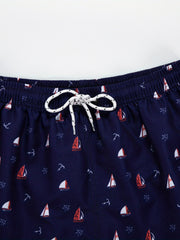 Sailboat Print Mesh Lining Drawstring Men s Swim Trunks