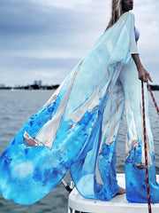 Sailboat Print 2 Piece Beachwear Vacation Style Kaftan Cover Up