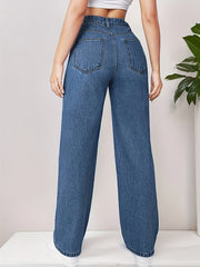 High Waist Straight Jeans Non Stretch Denim Pants