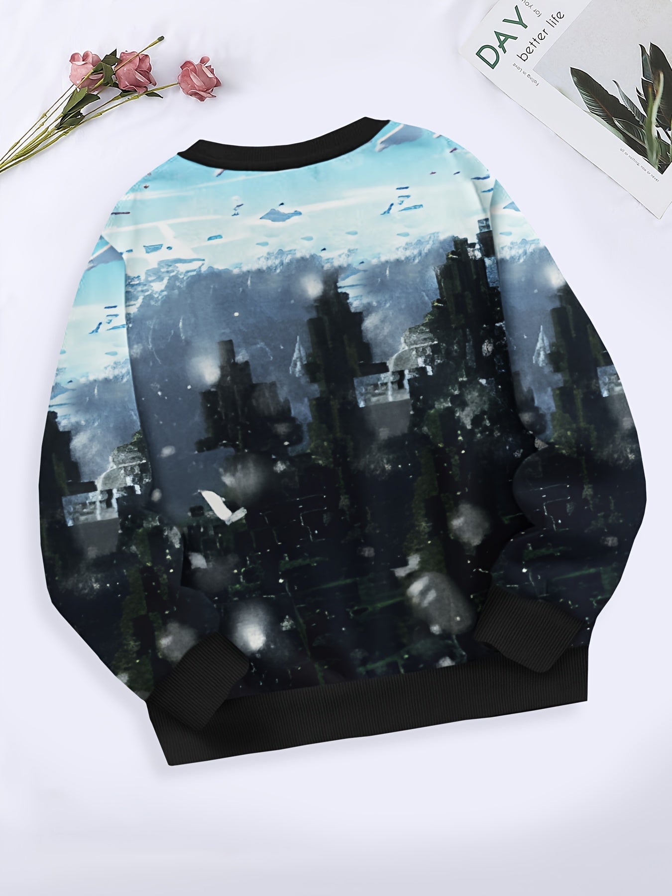 Kids Snowy Town Pattern Long Sleeve Crew Neck Sweatshirt