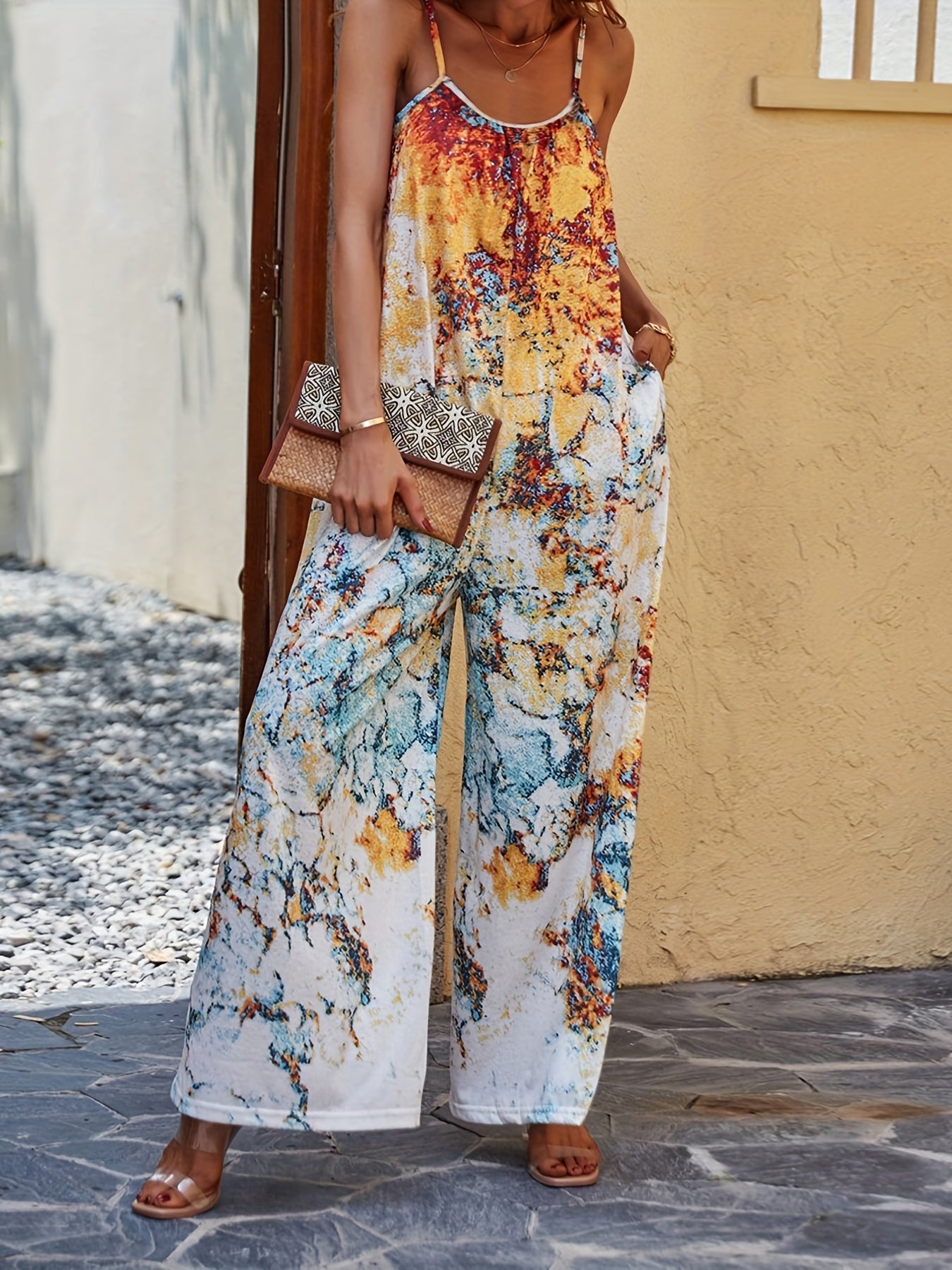 Boho Printed Spaghetti Jumpsuit Sleeveless Wide Leg Summer Jumpsuit