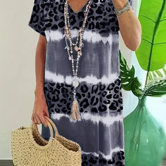 Colorblock Tie Dye Leopard Print V Neck Dress