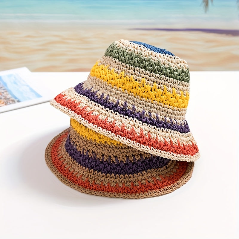 Girls' Straw Beach Bucket Hat Sun Protection Big Brim, Summer