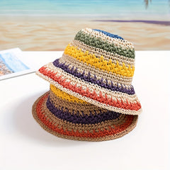 Girls' Straw Beach Bucket Hat Sun Protection Big Brim, Summer