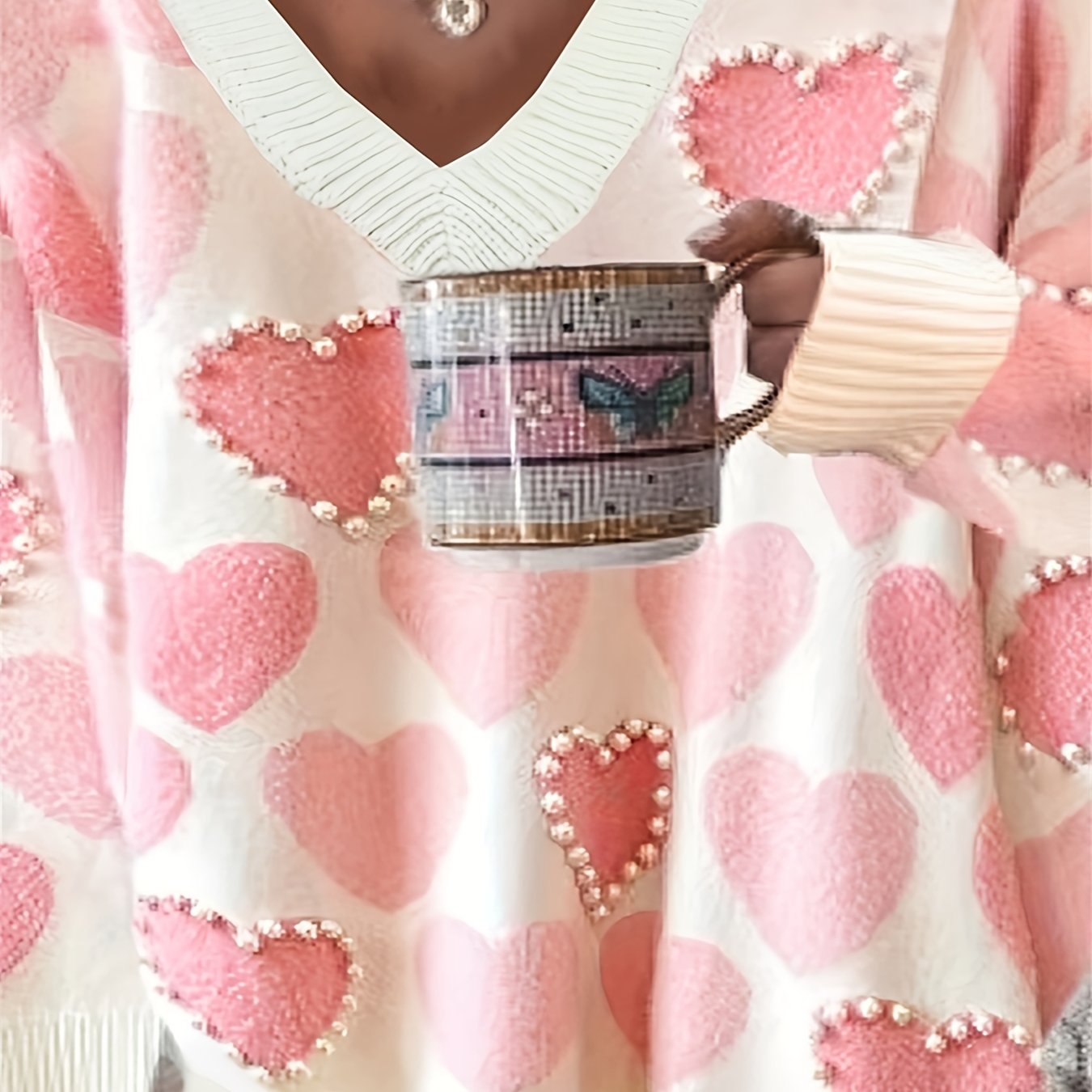 Heart Print V Neck Sweater with Faux Pearl Decor