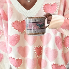 Heart Print V Neck Sweater with Faux Pearl Decor