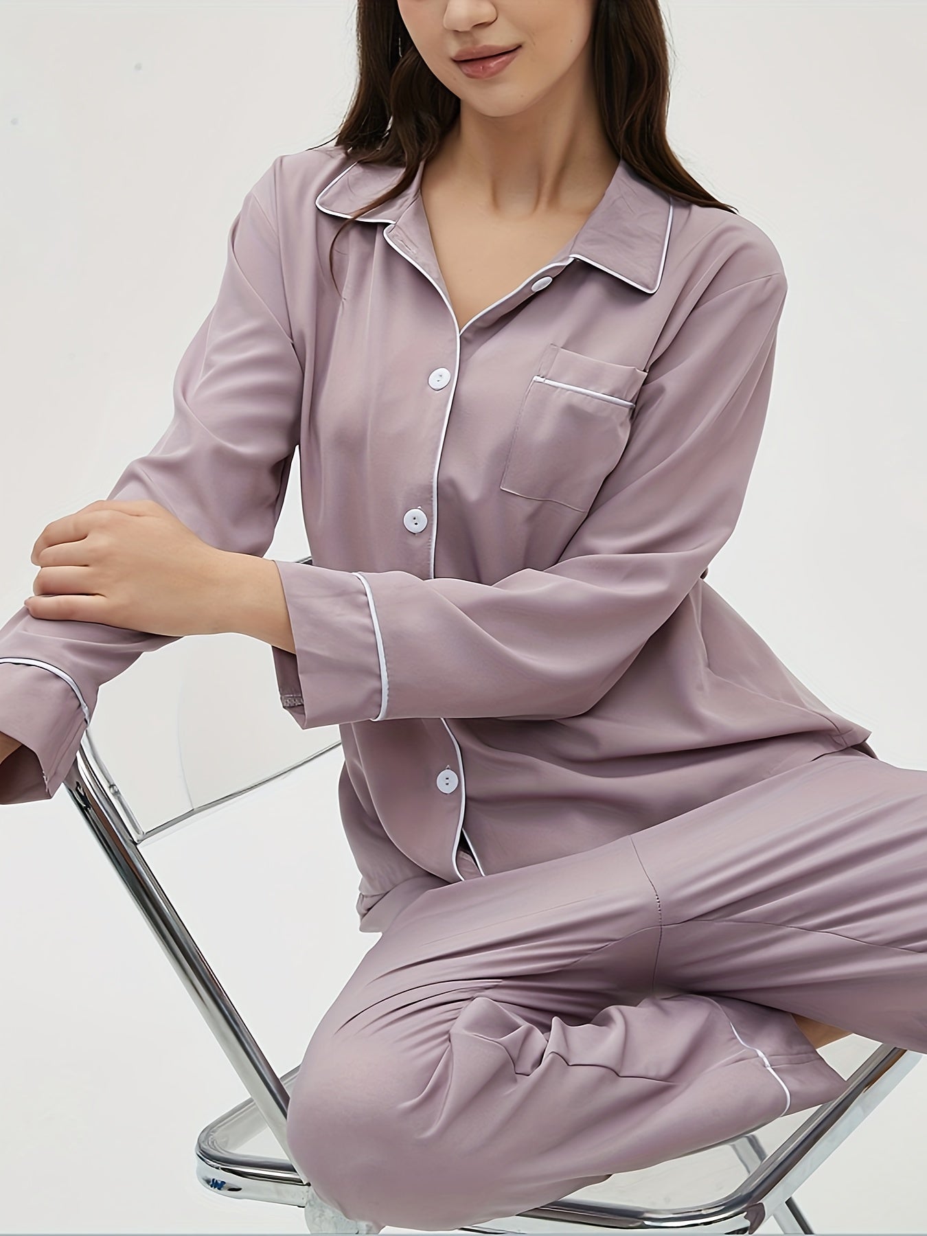 Women's Solid Pajama Set Long Sleeve Top & Pants Sleepwear