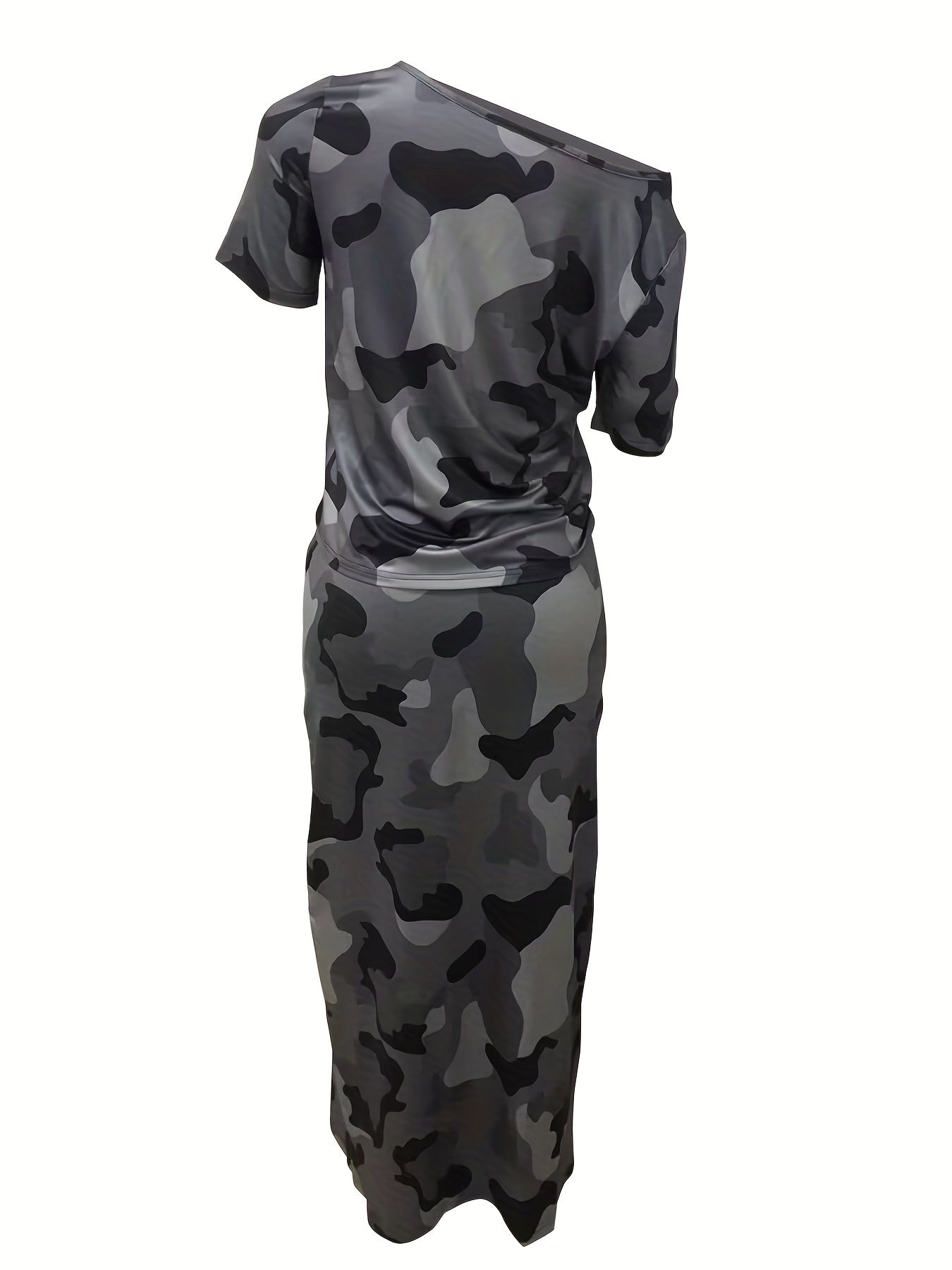 Camo Print Two Piece Skirt Set Cold Shoulder Top & Drawstring Skirt