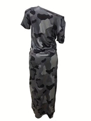 Camo Print Two Piece Skirt Set Cold Shoulder Top & Drawstring Skirt