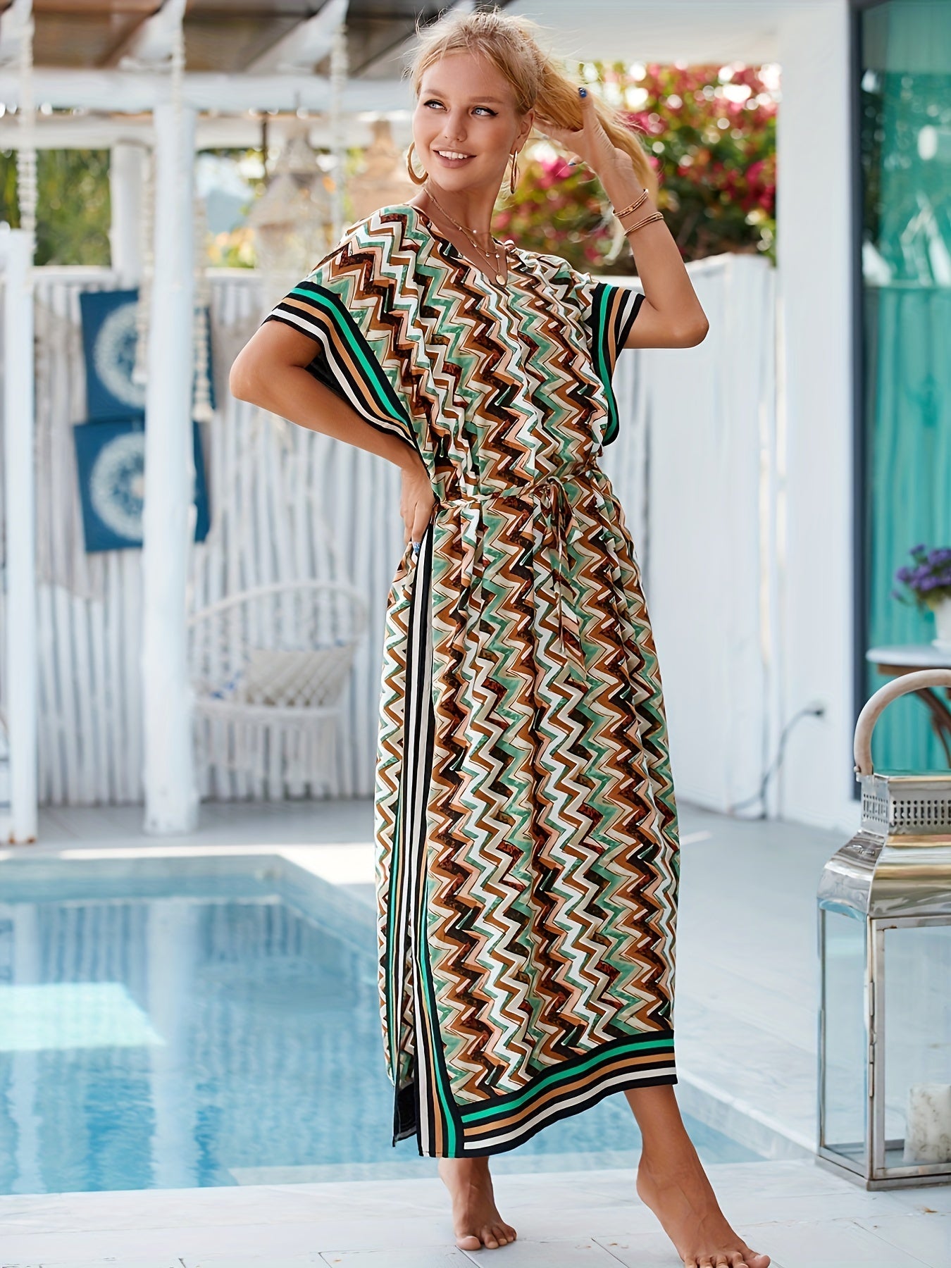 Chevron V Strips Belt Cover Up Kaftan