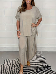 Casual Two Piece Set Crew Neck Tops & Split Pants Outfit