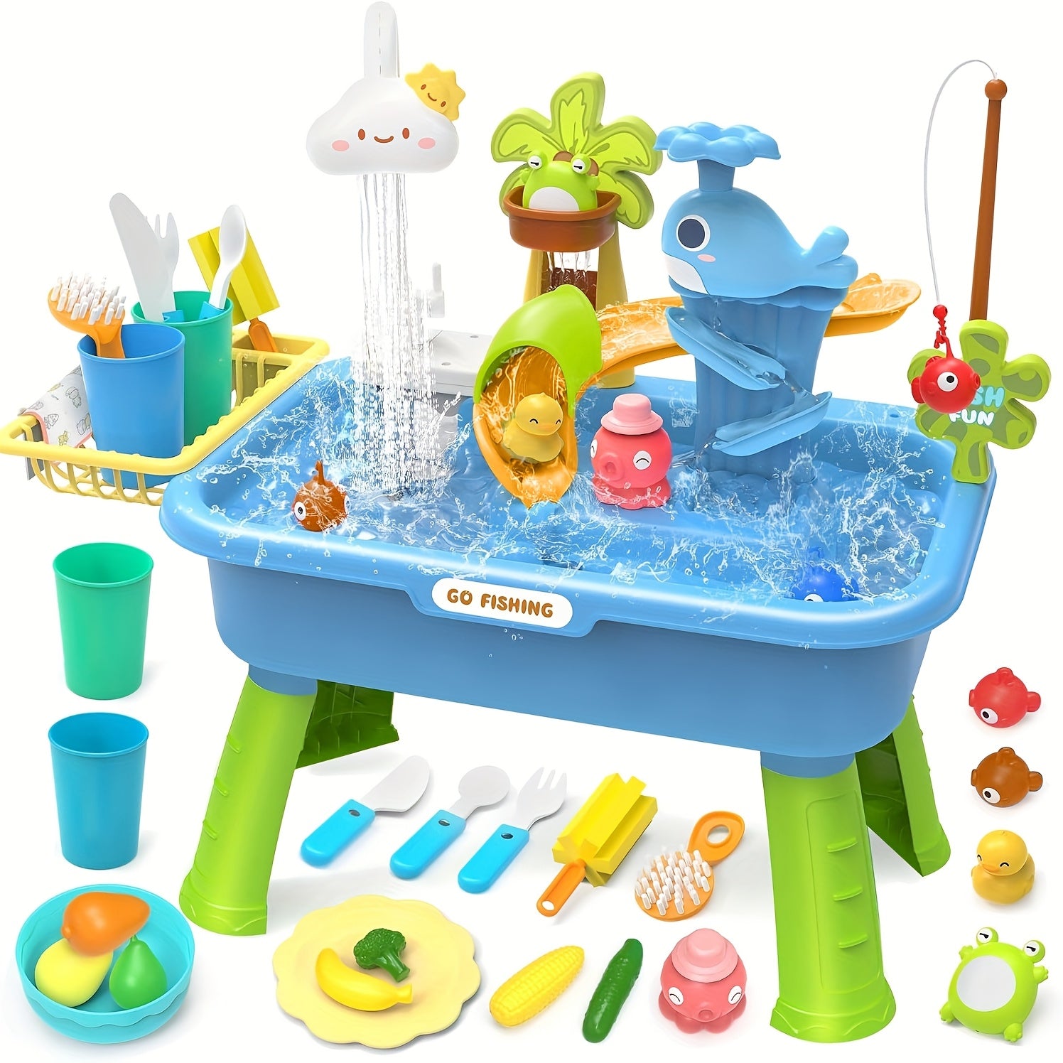 3in1 Sink Toy w/ Running Water Kitchen Food Fishing Toy Water Play Station