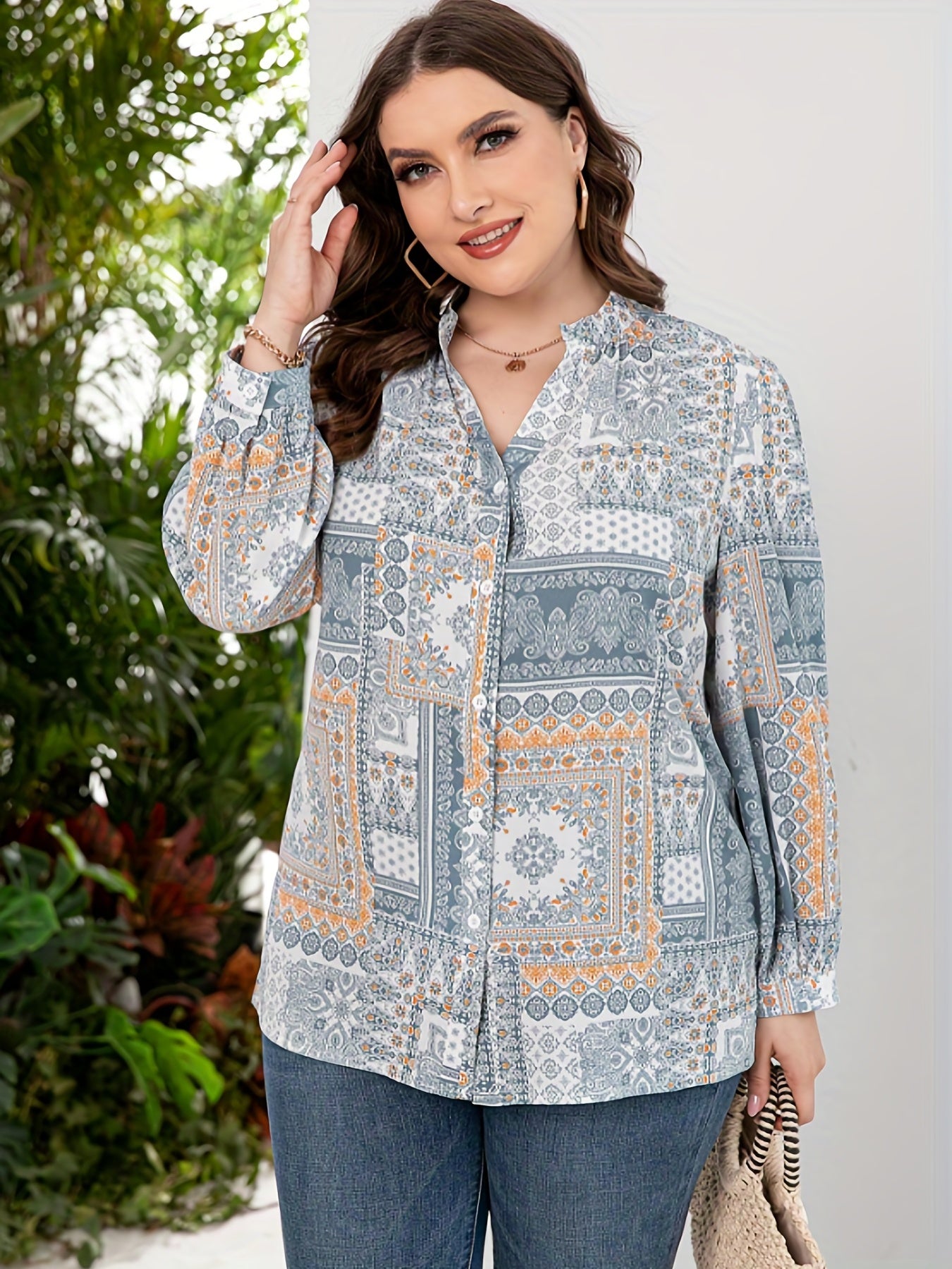 Boho Blouse Women's Plus Scarf & Paisley Print Button Up Top