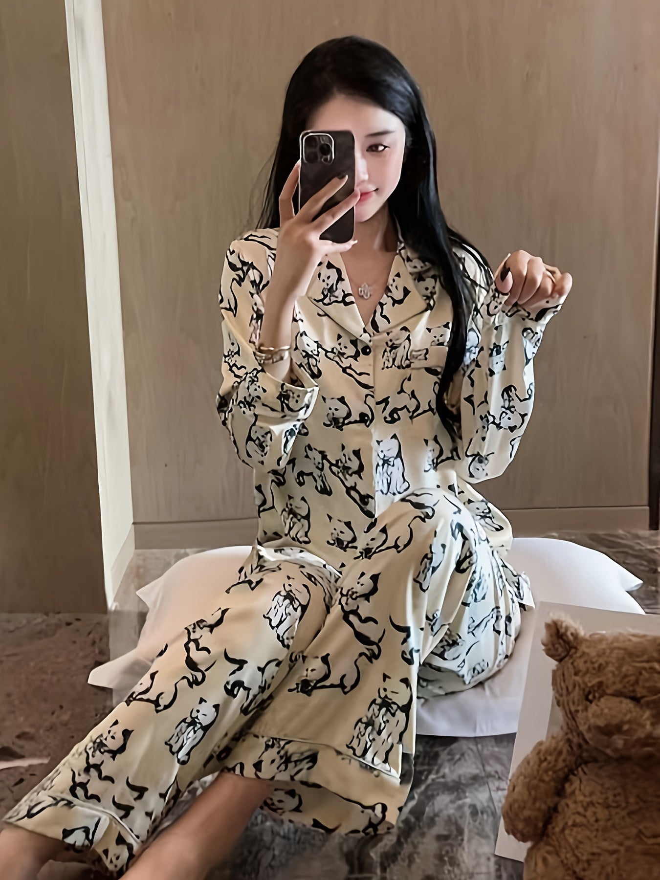 Cat Print Pajama Set Long Sleeve Top & Pants