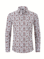 Men's Flower Print Formal Button Up Shirt with Chest Pocket