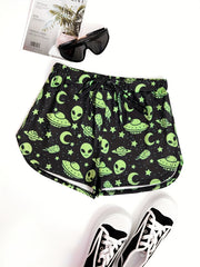 Spaceship & Alien Print Drawstring Shorts for Women