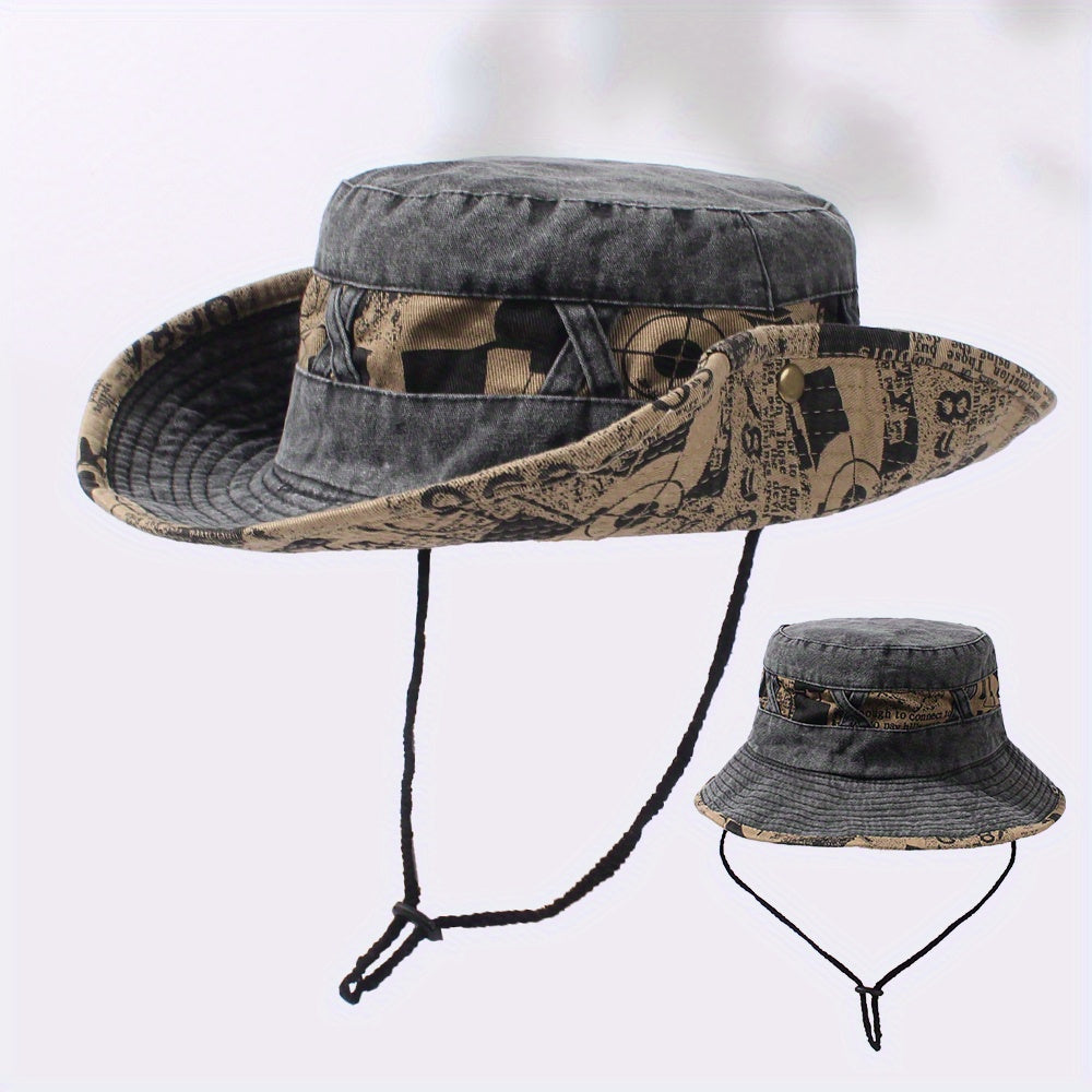 Vintage Washed Bucket Hat Wide Brim UV Protection Sun Hat Letter Printed