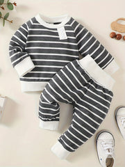 Diagonal Street Ribbed Collar Long Sleeved Top Baby Boy's 2pc Set