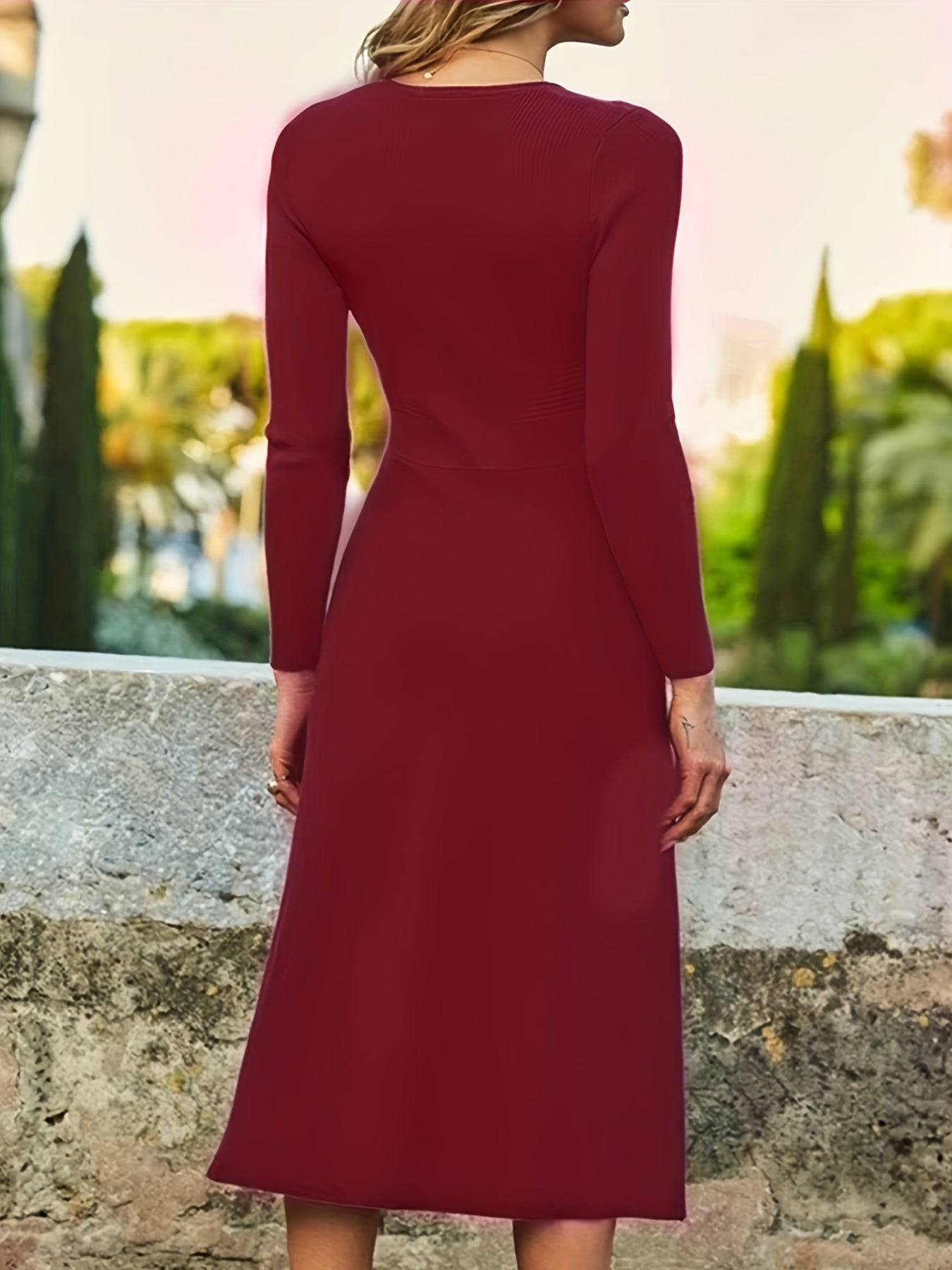 V Neck Long Sleeve Midi Dress Women's Clothing